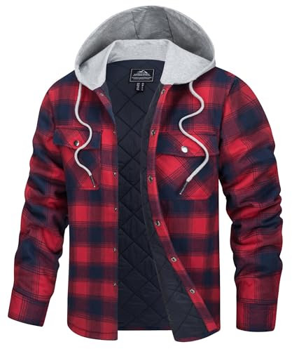 TACVASEN Hooded Shirt Jacket Men Lumberjack Shirt Flannel Jacket Checkered Shirts with Hood Padded Jacket Coat Quilted Shirt Red Navy