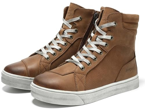 Motorradschuhe Herren Leder Retro Motorradstiefel Männer lässige motorrad sneaker reissverschluß mit Schaltpolster, Rutschfeste Sohle(Braun, 41)