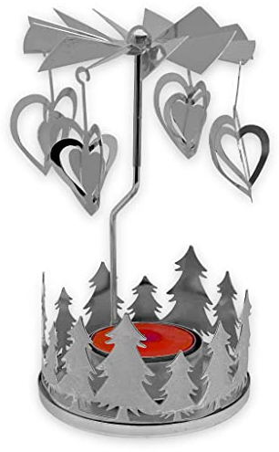 Portacandele rotante a forma di giostra natalizia, in metallo, mini piramide, 13,5 cm (argento, corona di abete e cuore)