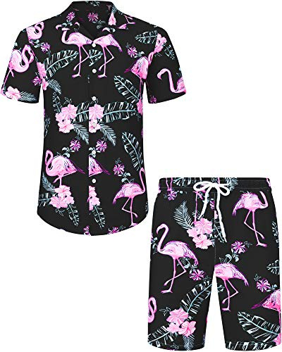 J.VER Herren Hawaiihemd Flamingo Floral Kurzarmhemd und Shorts Sommer Beach Freizeithemden Funky Party Outfit Hawaii Hemd Männer Faltenfrei Urlaub Hemd Set,Schwarz Flamingo,XL