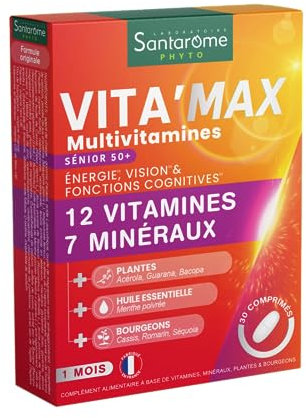 Santarome Bio - Vita'max Multivitamines Sénior - 12 Vitamines & 7 Minéraux, Acérola - Complément alimentaire Tonus et Vitalité - 30 comprimés