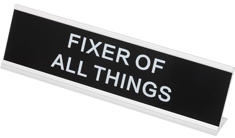 PATIKIL Funny Nameplate, 8x2 Novelty Desk Sign Plaque Aluminum Desk Name Plate with Base for Office, Silver White (Fixer Of All Things)