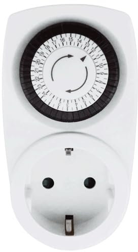 Temporizador mecánico de 24 Horas con Enchufe, Color Blanco, Ideal para automatizar el Encendido y Apagado de Dispositivos eléctricos.