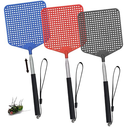 3 Pièces tapetteà Mouche, tapette a Mouche en vec Long Manche, avec Poignée Télescopique, Lutte Antiparasitaire Manuelle, Tapetteà Mouche Coloré pour Les Mouches, Les moustiques et Les Insectes