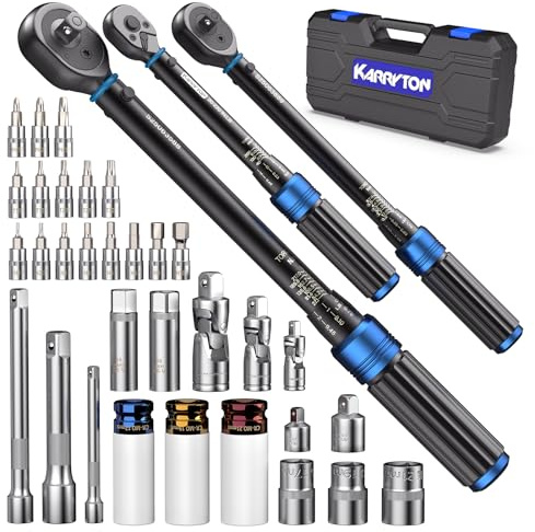 KARRYTON 35pc Torque Wrench Set 1/4 3/8 1/2-Inch Drive, CR-MO/72-Tooth/Dual Scale ±3% Accuracy Click Torque Wrenches w/Adapters for Auto, Bike, Motor