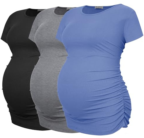 Smallshow kvinnors graviditet kläder Ribbed sida Ruched graviditet toppar 3 Pack,Black-Blue-Light Grey,XXL