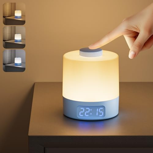 WOBANE LED Night Light, Rechargeable, 3 Colour Dimmable, with Clock, Blue | 3600mAh Battery, Soft Diffused Light, Wireless & Portable Bedside Lamp for Kids, Bedroom, Nursery, Night Feeding & Camping