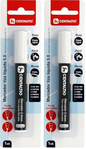 Centauro - Pennarello a gesso liquido cancellabile bianco, punta 5 mm, inchiostro a base d'acqua, punta reversibile conica e smussata, perfetto per lavagne, vetro, plastica o specchi (Confezione da 2)