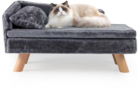 COSTWAY Kattsoffa Lyx med Två Avtagbara Kuddar, Upphöjd Kattsäng för Små och Medelstora Katter, Husdjursoffa med Ryggstöd och Träben, Mjuk Inomhus Hundsoffa för Små Husdjur, Grå