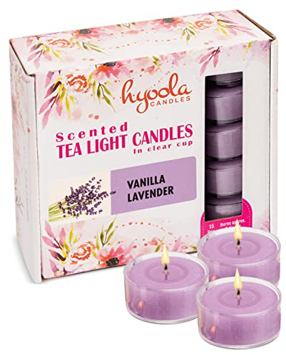 Hyoola Tealight Profumate - Lumino in Portacandele Trasparente - Candele Piccole Lavanda e Vaniglia - Durata 6 Ore - Set da 15 - Made in EU