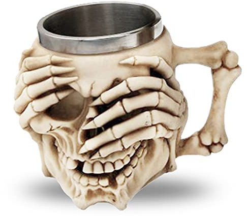 BAYINBROOK Acier Inoxydable Tête de Mort Mug,Tasse de Bière de Médiévale,3D Tasse de Café en Résine,pour Boisson,Café,Bière,Décor D'Halloween,Cadeau,400ML,(Cover Eyes)