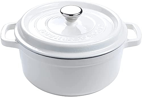 XSQUO Useful Tech OGT-2R22B, Pentola in ferro pressofuso rotonda con rivestimento ceramico vetrificato Cocotte con coperchio. Gourmet Tools (bianco, 22 cm)