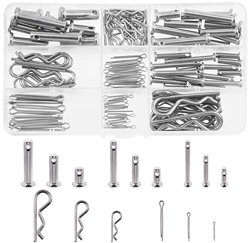 Mardatt 122 Pcs 15 Sizes 304 Stainless Steel Clevis Pin and Clips Assortment Kit, M4 M6 M8 Single Hole Clevis Pin and M1.5 M2 M3 Split Cotter Pin/ R Clip Hitch Pin for Auto (Metric)
