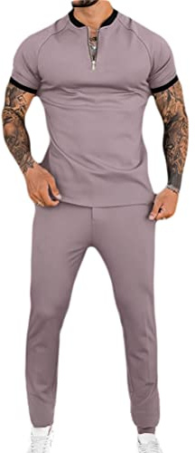 Osheoiso Jogginganzug Herren Kurzarm + Hose Lang 2 Teiliges Sportanzug Outfit Große Größe Männer Mode Freizeitanzug Set Sport Workout Business Sets Gym Running Klassisch A Aprikose M