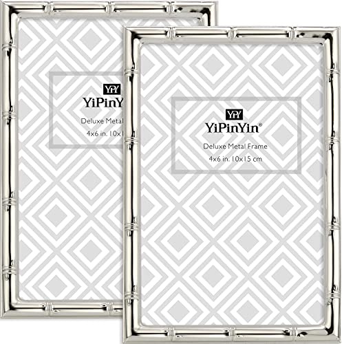 YiPinYin 4x6'' Bamboo Detail Designs Silver Metal Picture Frame 2pack, Elegant Silver Plated Baby Nurse Photo Frames 4x6'' With Soft Touch Velvet Backing for Desktop and Wall Décor