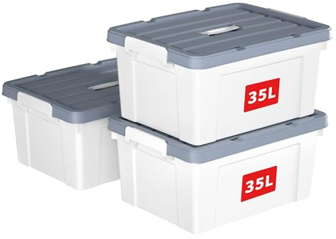 Cetomo 35L*3 Caja de Almacenamiento con Asa, Caja de Plástico con Tapa y Cierre Seguro, Contenedor de Almacenamiento Grande, Duradera, Apilable, Resistentes, Blanco, Paquete de 3 de 35L