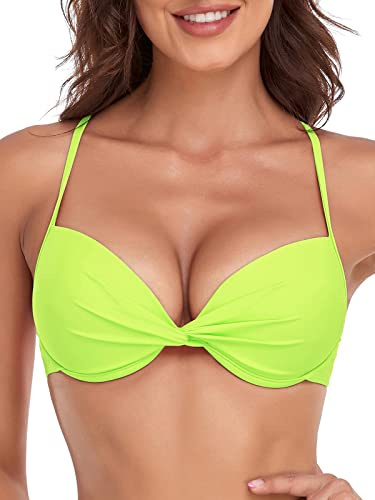 RELLECIGA - Parte superior de bikini con aros para mujer, anudado al frente, push up, copa moldeada, Verde neón, M