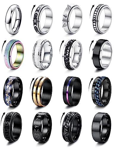 FIOROYAL 16 Pcs Edelstahl Ringe Angst Fidget Ring für Männer Frauen Silber Schwarz Mode Band Spinner Ringe Hochzeitsversprechen Herren Ringe Set 54-69 v9