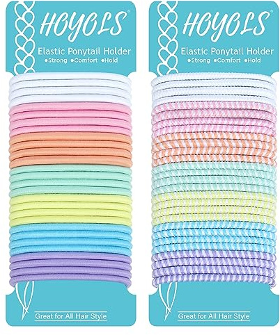 Hoyols Elastic Hair Ties for Women, 4mm No Metal Hair Bands Colorful Ponytail Holders for Thick Curly No Crease No Damage Styling Accessories Assorted Colors 56 Count (Mix Baby & Striped)