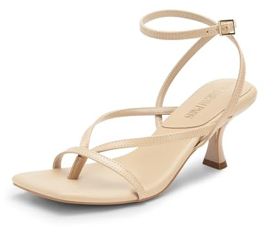 DREAM PAIRS Women's kitten Low Strappy Lace Up Heels Open Square Toe Thong Ankle Strap Heels Sexy Fashion Comfort Dress Shoes Party Sylvestra Pumps Heeled Sandals,Size 8,Nude-Pu,SDHS2405W