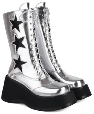 Chunky Platform Boots for Women Lace-Up Mid-Calf Goth Boots Round-Toe Side Zip Combat Wedges Boots,Silver,5 UK