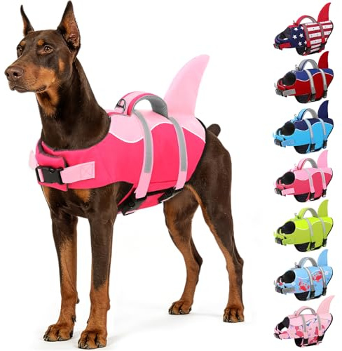 AOFITEE Dog Life Jacket, Dog Life Vest for Swimming, Shark Dogs Swimming Vest with Rescue Handle and Reflective Stripe, Ripstop Pet Float Coat Swimsuit Lifesaver Small Medium Large Dogs Pink S