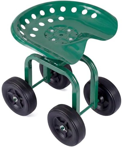SOARS Sgabello con Ruote da Giardino, Sgabello per Giardinaggio con Sedile Girevole a 360° e Regolabile in Altezza, per Giardino, Prato e Cortile 465 x 310 x 400-500 mm, Portata 150 kg (Verde)