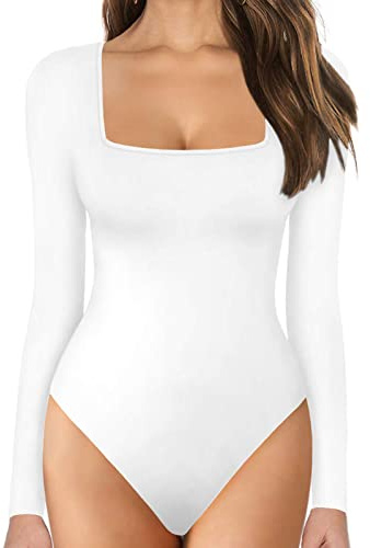 KBOPLEMQ Shapewear - Body de manga larga para mujer, body de manga larga, body sexy para mujer, body estrecho, elegante, camiseta de manga larga para mujer, sexy, cuello cuadrado, Blanco, M