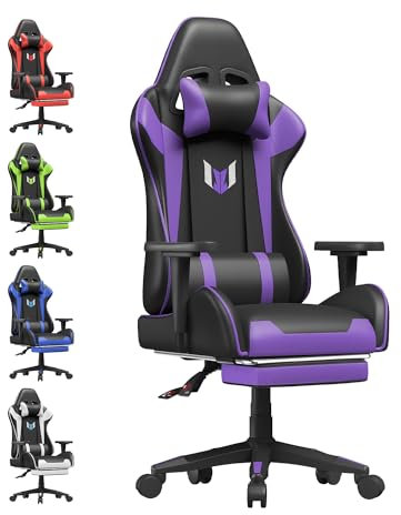 bigzzia Sedia Gaming,Sedia da Ufficio Ergonomica,Pelle di PU Poltrona per Gamer con Cuscino Lombare e Poggiatesta,Gamer Poltrona Altezza Regolabile per L'ufficio di Casa (Con poggiapiedi, viola)