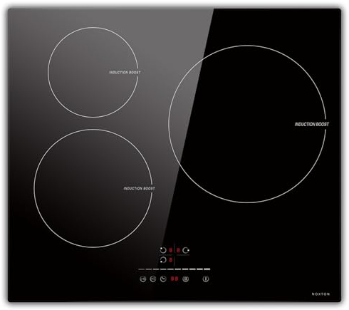 NOXTON Plaque Induction 3 Feux avec Brûleur de 28 cm, Booster, Plaque à Induction Encastrable avec Commande Tactile, Fonction Booster, Minuteur, Serrure de sécurité, 220-240V, 6800W, sans Prise