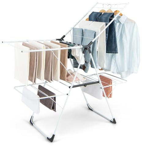 HOMASIS Stendino Verticale Salvaspazio con 2 Ali Regolabili in Altezza Pieghevole, Stendibiancheria Verticale e Pieghevole con 33 Barre di Asciugatura, Mollette per Calze, Barre Laterali (Bianco)