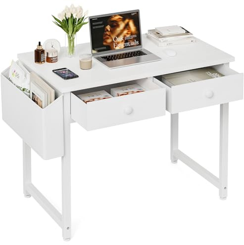 Grandder Small Computer Desk with 2 Fabric Drawers, 80 x 40 cm Home Office Desk with Storage Bags and Drawers, Study Writing Gaming Table for Small Spaces, White