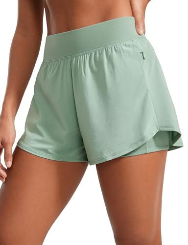 CRZ YOGA 2 in 1 Double Layer Running Shorts for Women 3 - High Waisted for Athletic Tennis Workout with Zip Pockets Green Palm Court Small