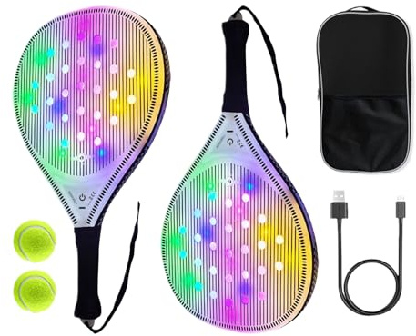 Ocastuted Womens Tennis Racket,Glowing USB Beach Paddle Game Set | Carbon Fiber Racquets with 2 Balls Sports Accessories for Daily Training Travel Junior Kids Outdoor Sports