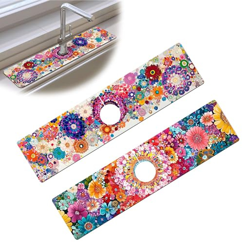 Bimkole 2 PCS Faucet Absorbent Mat, Kitchen Faucet Sink Splash Guard Wraparound Cloth Pads Drip Catcher for Sink Faucet for Kitchen Bathroom Faucet, Colorful Faucet Mat, 15 x 4 Inch Flower A3