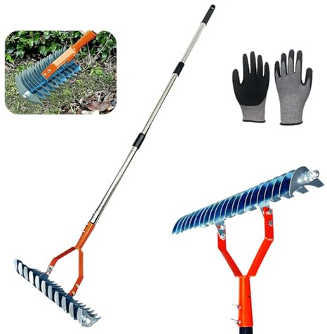 Nurtureup Râteau de jardin avec gants, nivellement des feuilles double face en acier inoxydable – Tête de 36,1 cm de large, poignée réglable de 135,9 cm, râteau robuste pour pelouse/sol/gravier pour