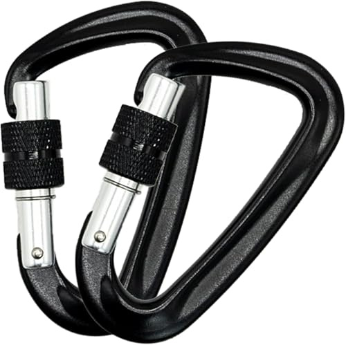 2pcs Mosquetones De Escalada Mosquetón De Bloqueo,Gancho Mosquetón De Trabajo Pesado con Tapón De Rosca para Camping, Pesca, Senderismo, Hamaca O Viajes,Negro