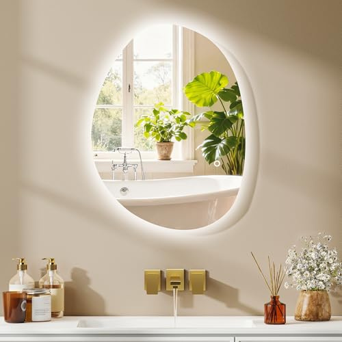 HOMCOM Espejo de Baño con Luz LED 70x50 cm, Espejo de Pared sin Marco, con 3 Colores de Luz, Brillo Regulable, Función Antivaho, Función de Memoria, Forma Irregular, Interruptor Táctil, IP44