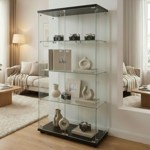 Lumivortex Vetrina in vetro bianco, 80,6 x 36,5 x 164,5 cm, due ante con serratura, vetrina in vetro con 3 ripiani in vetro, vetrina per soggiorno, camera da letto (nero)