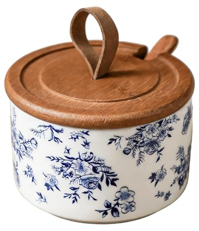Tmboryuu Salero de porcelana con tapa y cuchara, cuenco de pimienta, recipiente de almacenamiento para condimentos para encimera, herramientas de cocina, caja de sal de cerámica