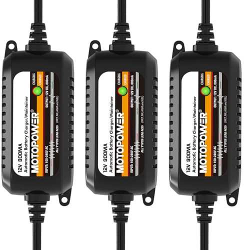 MOTOPOWER MP00205C - Caricabatterie automatico, 12 V, 800 mA, caricatore di mantenimento e desolfatore, 3 pezzi