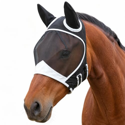 Zolara Máscara antimoscas para caballo, máscara grande con orejas, cinta de y red transpirable, máscara de caballo con orejas de mosca, protección contra moscas negra para pony, mazorca, sangre
