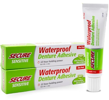 Secure Sensitive Denture Adhesive with Aloe Vera & Myrrh to Nourish Your Gums – Uppers, Lowers & Partials - Waterproof & Zinc Free - Food Grade Ingredients - Less Adhesive, More Hold - 1.4 oz (2 Pack)