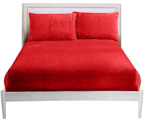 GC GAVENO CAVAILIA Fitted Sheet Single Bed (91x193 cm) - Cozy Teddy Bear Bedding Fleece Fitted Sheets, Soft Fluffy Plain Single Bed Sheet 25cm Deep Elastic Corners - Washable & Easycare, Red