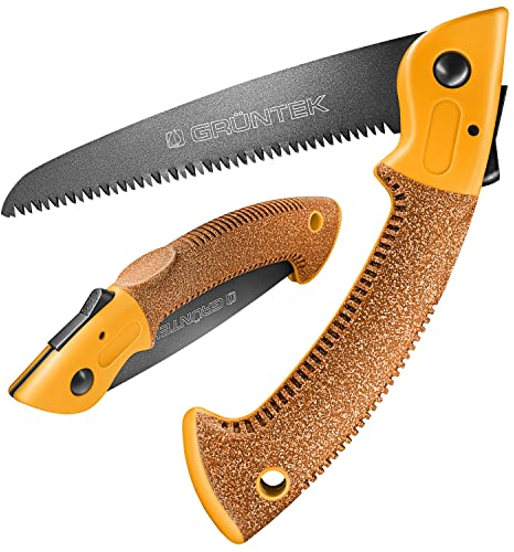 GRÜNTEK Klappsäge ZANDER, gehärtetes Carbonstahl Sägeblatt 180mm, rutschfester Korkgriff, TEFLON-beschichtete Klinge mit 4 Positionen ideale Outdoor Campingsäge Taschensäge Pocketsäge Astsäge