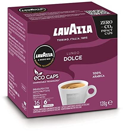 Lavazza, A Modo Mio Lungo Dolce, 16 Coffee Capsules, 100% Arabica, Sweet and Smooth Taste, Intensity 6/13, Medium Roasting, Compostable, 1 Pack of 16 Coffee Pods