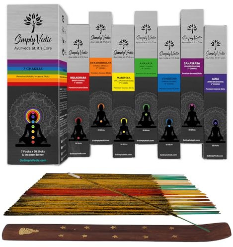 Simply Vedic 7-Chakra Premium 140 bastoncini di incenso, fatti a mano, durano 60 minuti ciascuno | con bruciatore di incenso | per yoga, aromaterapia e decorazione domestica (20 bastoncini x 7 chakra)
