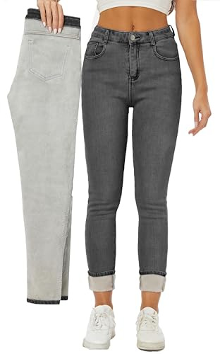 heipeiwa Jean d'hiver pour Femme, Jean en Denim Stretch Mince, doublé en Polaire, Pantalon Thermique épais, Jegging Slim et Chaud, Taille S