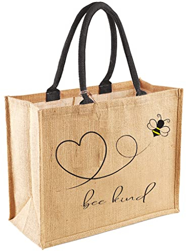 Super Lemon Reusable Bee Kind Embroidered Jute Bag with Black Cotton Handles, Reusable Bag for Shopping, Gift packing, Carrier, Crafting, Heavy Grocery, Beach (55 x 2 x 33) cm