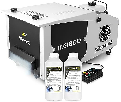beamz ICE1800 professional low lying fog machine system with 2L eco smoke fluid, 1800W rapid-heating element, DMX control, 3.1L fluid tank, wired timer remote, ideal for stage and events